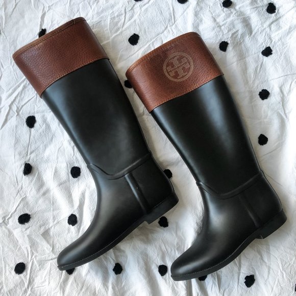Tory Burch Shoes - Tory Burch Pebbled Brown Leather Black Rainboots Galoshes